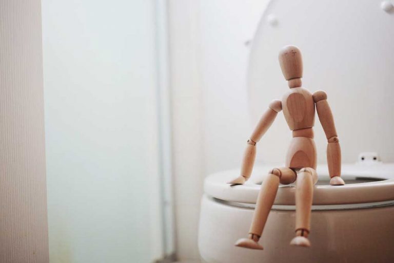 Wood doll sitting on a toilet seat